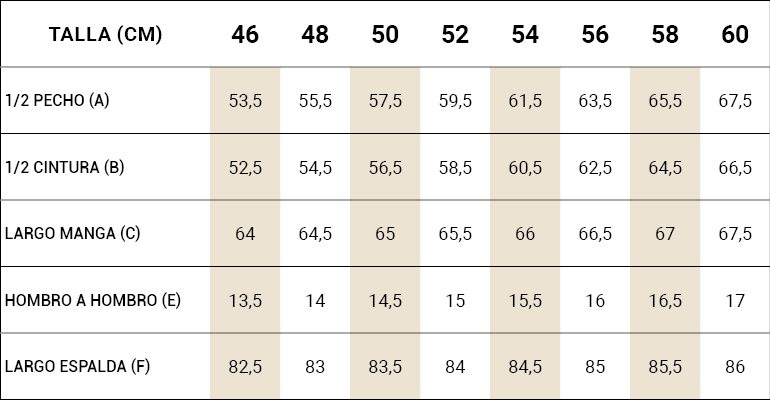 tablas medidas abrigo de cachemira grellan