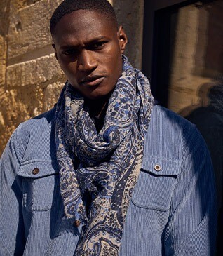 Bufanda de lana con motivo cachemir azul y gris para hombre