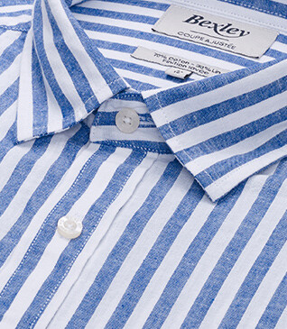 Camisa de algodón y lino a rayas azules oscuras y blancas - SIMONIN
