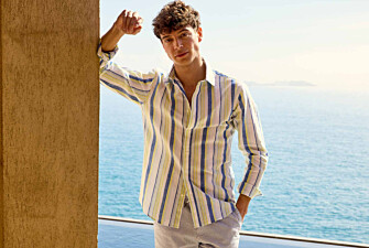 Camisa de algodón y lino a rayas azul, amarillo y verde claro - EDIBERT