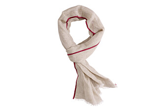 Bufanda de algodón y lino chambray beis con border rojo