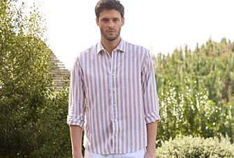 Camisa de algodón y lino a rayas Camel y Blanco - BRUNIEN