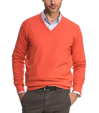 Jersey de lana para hombre con cuello de pico Naranjo Fuego - ELOUAN