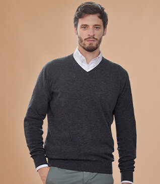 Jersey de lana hombre con cuello En V Gris Antracita moteado - ELIAN