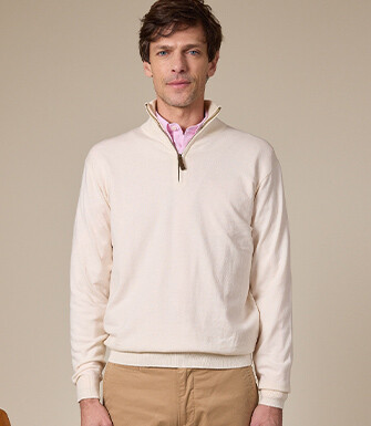 Jersey fino de hombre de algodón orgánico/cachemira con cuello con cremallera, Crudo Jaspeado - VLAD