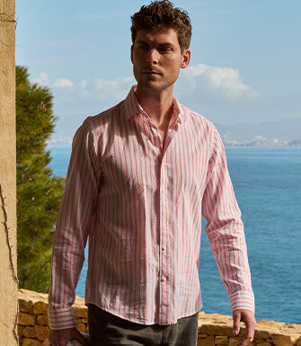 Camisa de algodón/lino Chambray Blanco y Naranja - EDIBERT