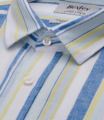 Camisa de algodón/lino Chambray Azul, Amarillo y Verde Claro - EDIBERT