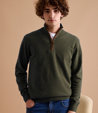 Jersey de lana para hombre con cuello cremallera Verde - KEITHY