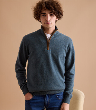 Jersey de lana para hombre con cuello cremallera Verde Moteado - KEITHY