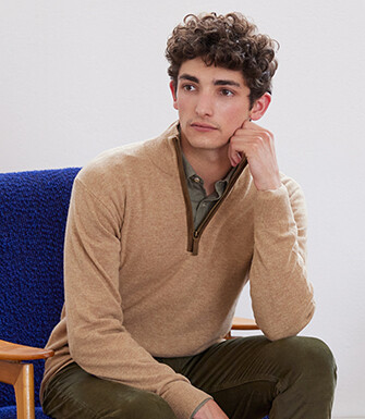 Jersey de lana para hombre con cuello cremallera Beis oscuro Moteado - KEITHY