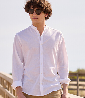 Camisa lisa de lino de algodón Chambray Blanco - ELIBERT