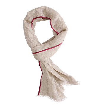 Bufanda de algodón y lino chambray beis con border rojo