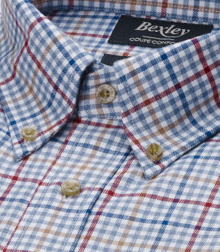 Camisa Franela de algodón Azul claro, rojo y camel - Cuello americano - SHANTON