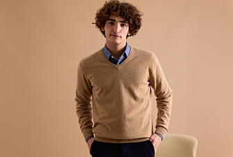 Jersey de lana con cuello en V Beige Oscuro Moteado - ELIAN