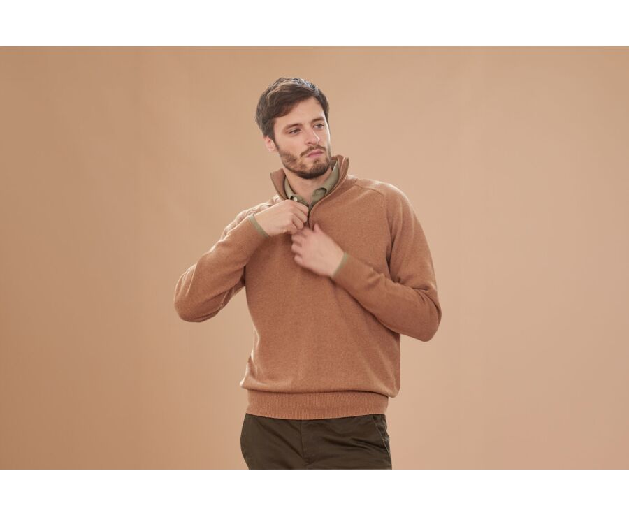 Jersey de hombre de lana con cuello con cremallera Avellana moteado - KENNETH
