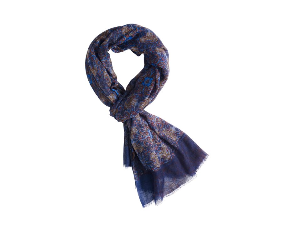 Bufanda de lana con estampado de cachemira azul y caqui