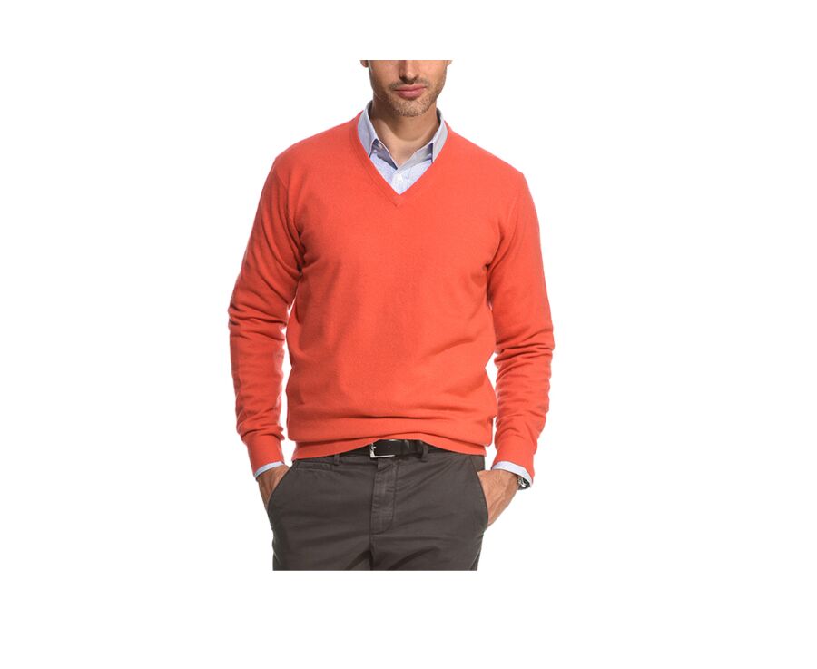 Jersey de lana para hombre con cuello de pico Naranjo Fuego - ELOUAN