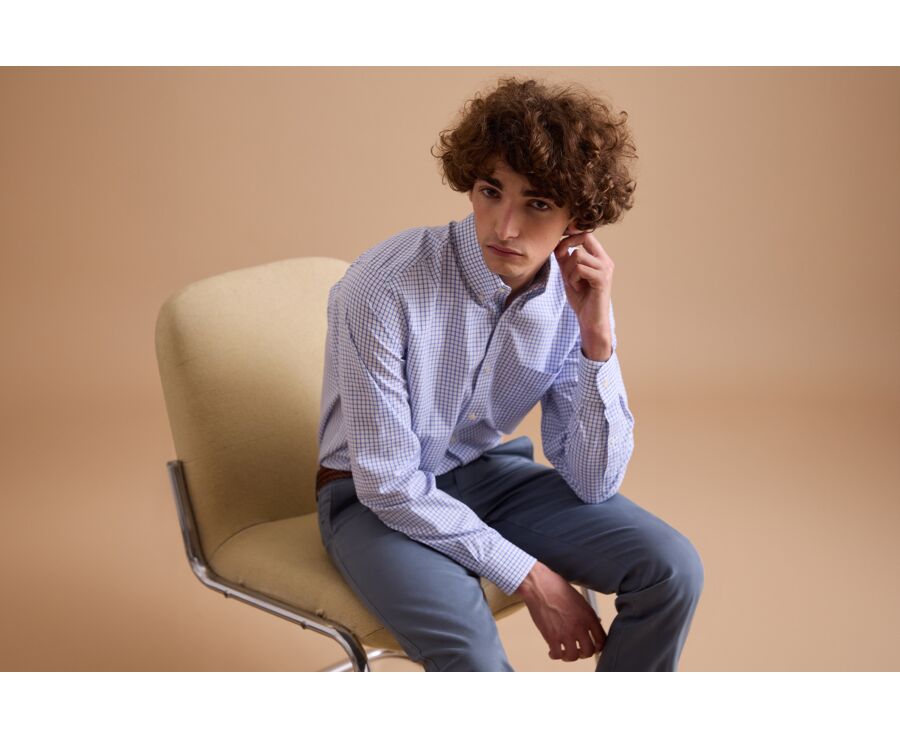 Camisa blanca con cuadros azules - Cuello americano - GRAYSON