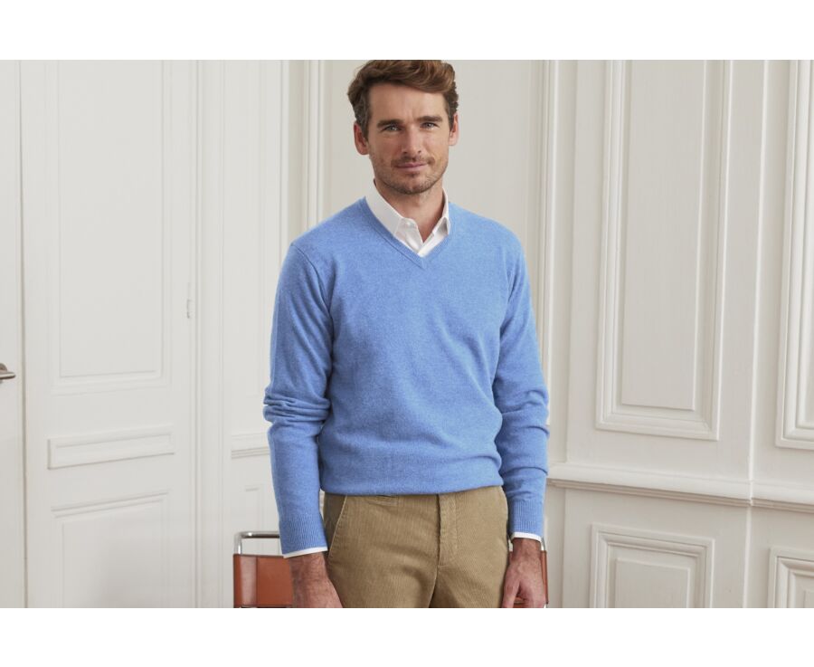 Jersey de lana hombre con cuello en V Azul Moteado - ELIAN