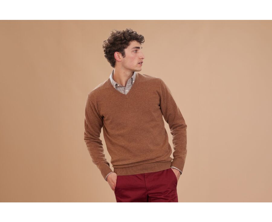 Jersey de lana hombre con cuello en V Avellana Moteado - ELIAN