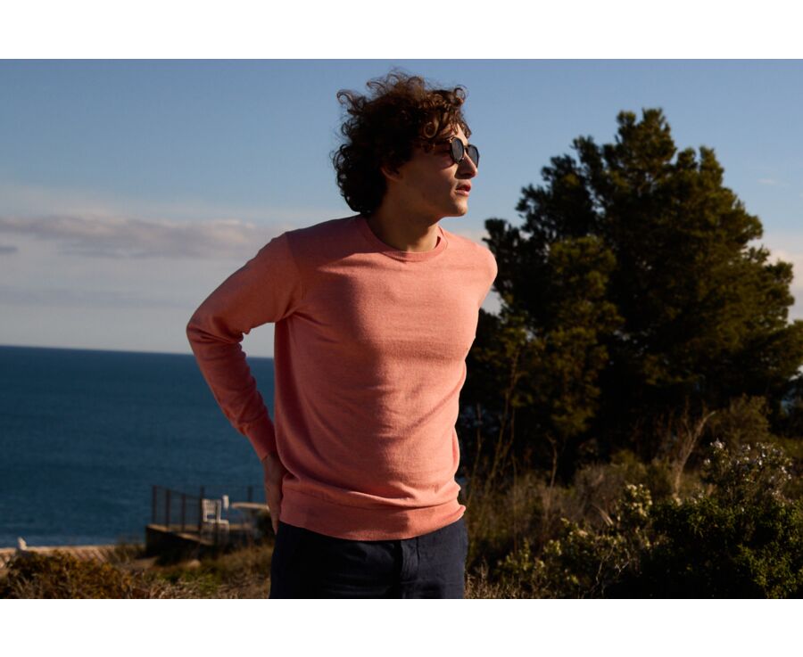 Jersey fino de hombre con cuello redondo, algodón/cachemira, Naranja Jaspeado - VLADIMIR