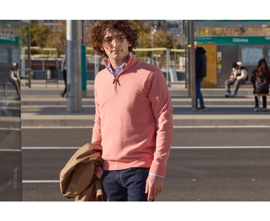 Jersey fino de hombre de algodón orgánico/cachemira con cuello con cremallera, Naranja Jaspeado - VLAD