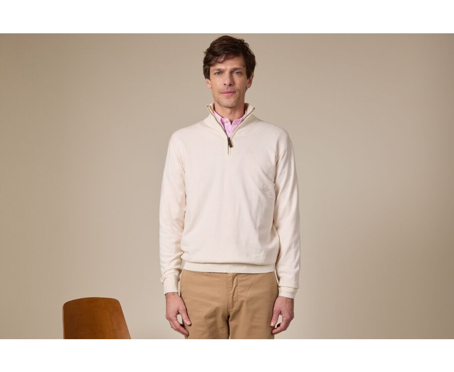 Jersey fino de hombre de algodón orgánico/cachemira con cuello con cremallera, Crudo Jaspeado - VLAD