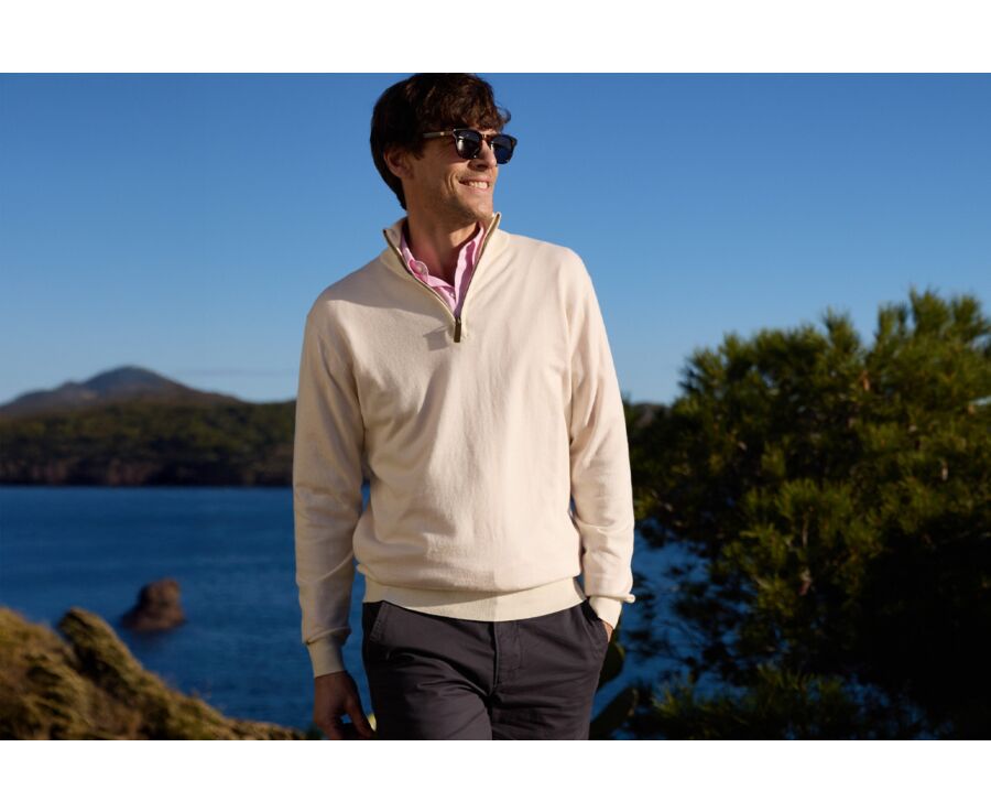 Jersey fino de hombre de algodón orgánico/cachemira con cuello con cremallera, Crudo Jaspeado - VLAD