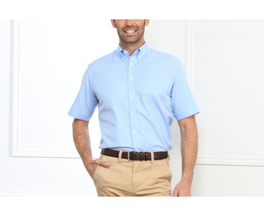 Camisa Azul con finos cuadros blancos - Bolsillo - CLAYN MC