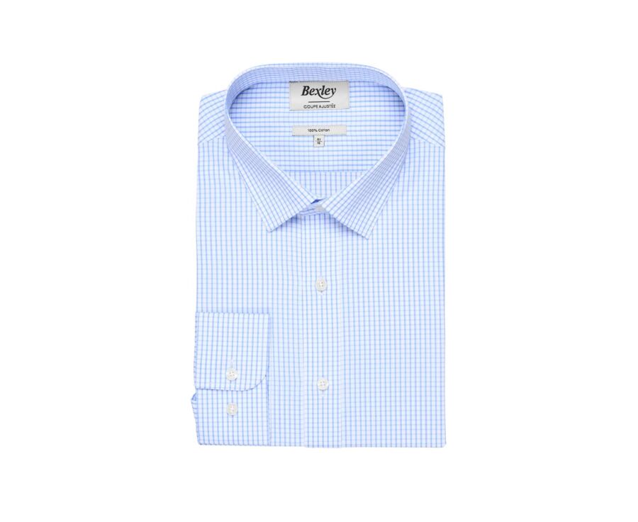 Camisa blanca con cuadros celestes - Cuello francés - ALFIERO