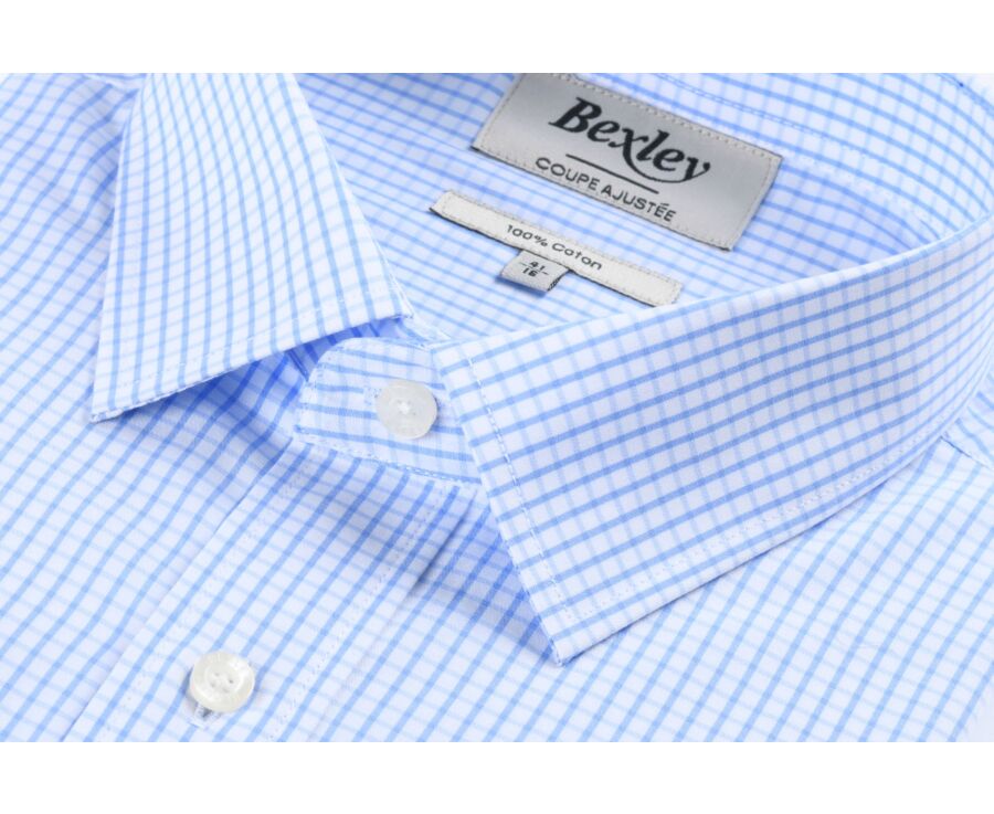 Camisa blanca con cuadros celestes - Cuello francés - ALFIERO