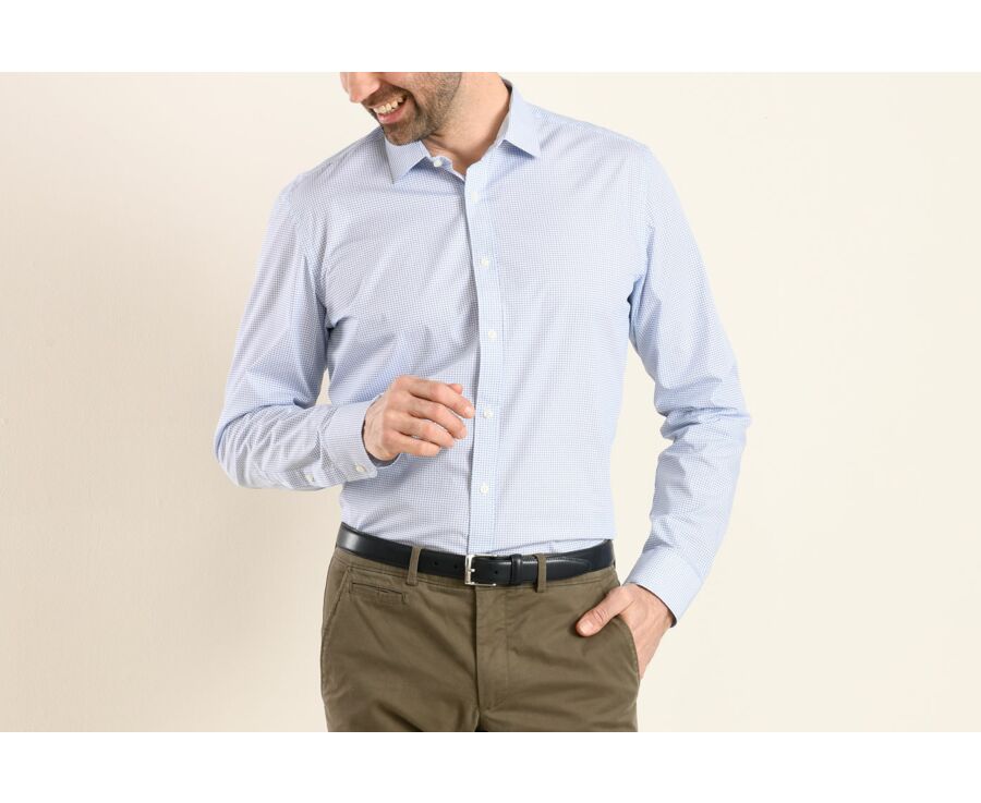 Camisa de algodón blanca con estampados azules - Cuello francés - THOMASSIN