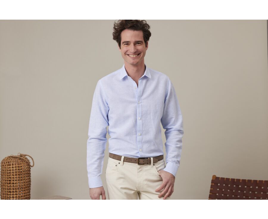 Camisa de algodón y lino con rayas Celeste y blanco - EDIBERT