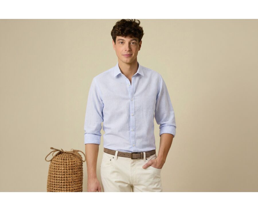 Camisa de algodón y lino con rayas Celeste y blanco - EDIBERT