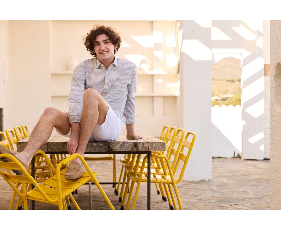 Camisa de algodón/lino Chambray verde tilo y blanco - EDIBERT