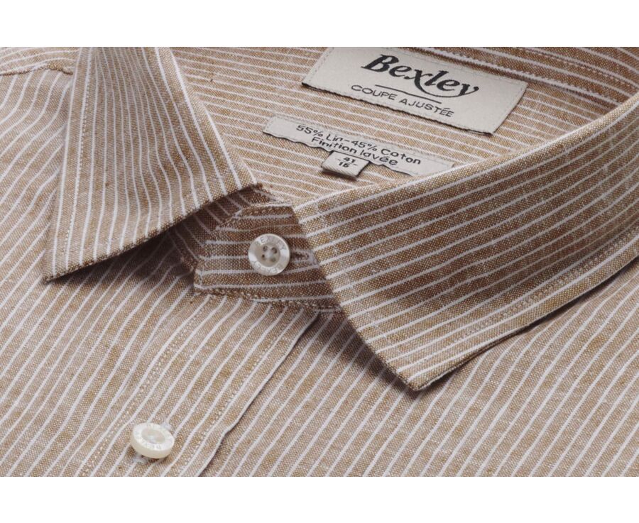 Camisa de algodón/lino Chambray camel con ribete blanco - EDIBERT