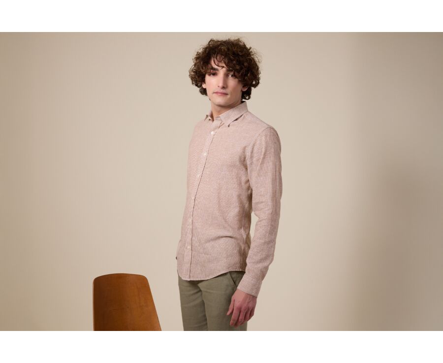 Camisa de algodón/lino Chambray camel con ribete blanco - EDIBERT