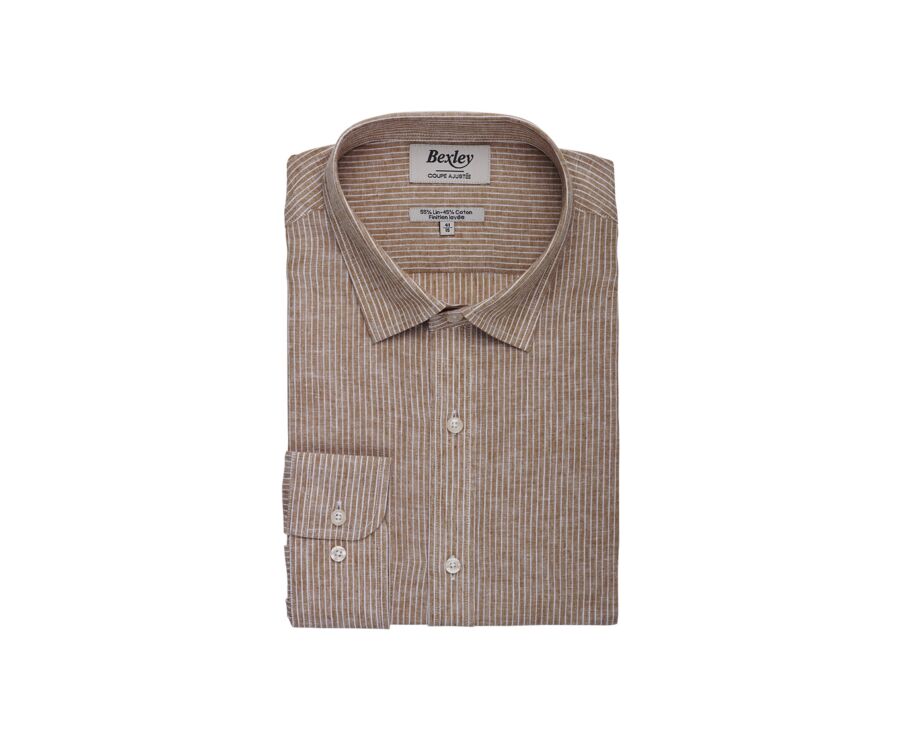 Camisa de algodón/lino Chambray camel con ribete blanco - EDIBERT