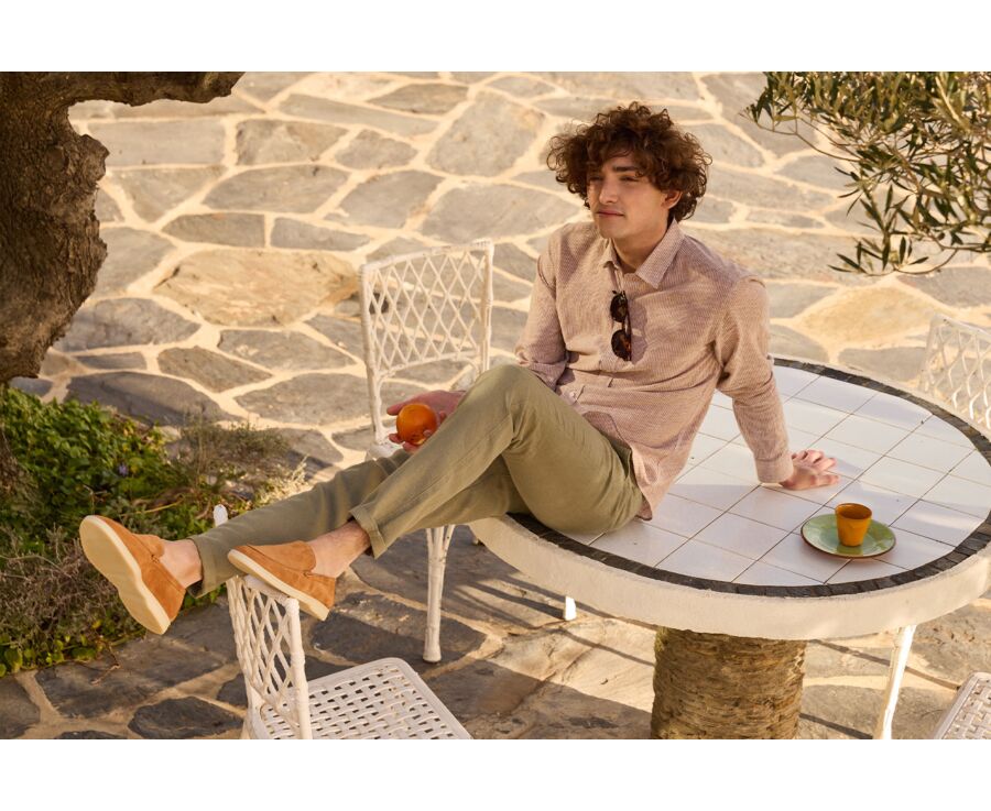 Camisa de algodón/lino Chambray camel con ribete blanco - EDIBERT