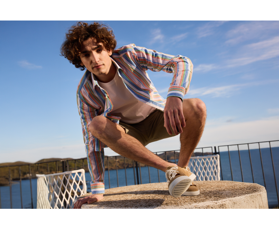 Camisa de algodón/lino Chambray azul, naranja y verde - EDIBERT