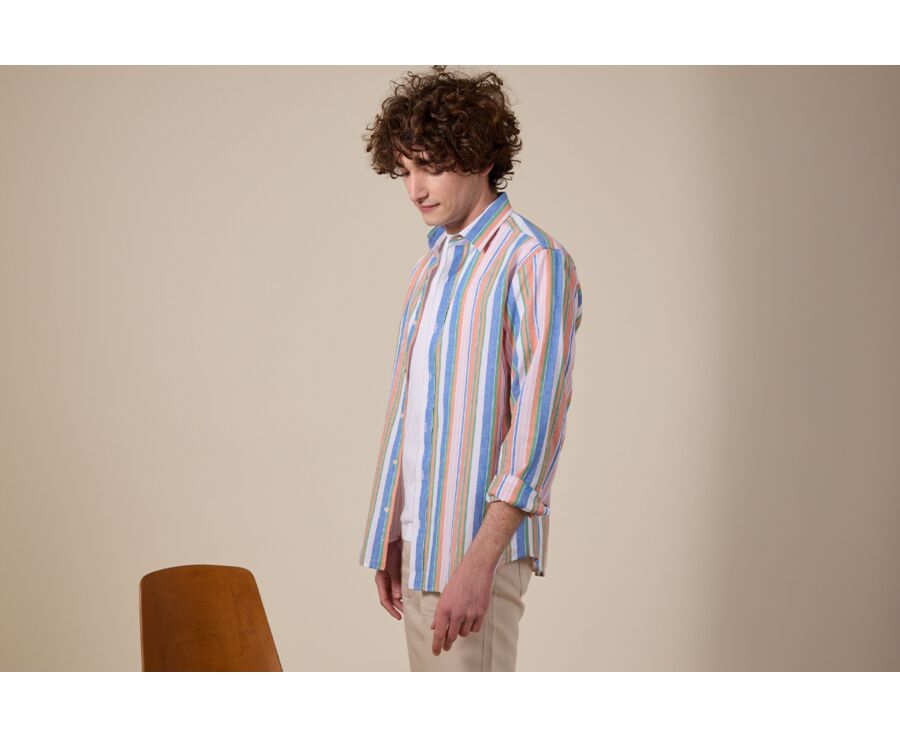 Camisa de algodón/lino Chambray azul, naranja y verde - EDIBERT
