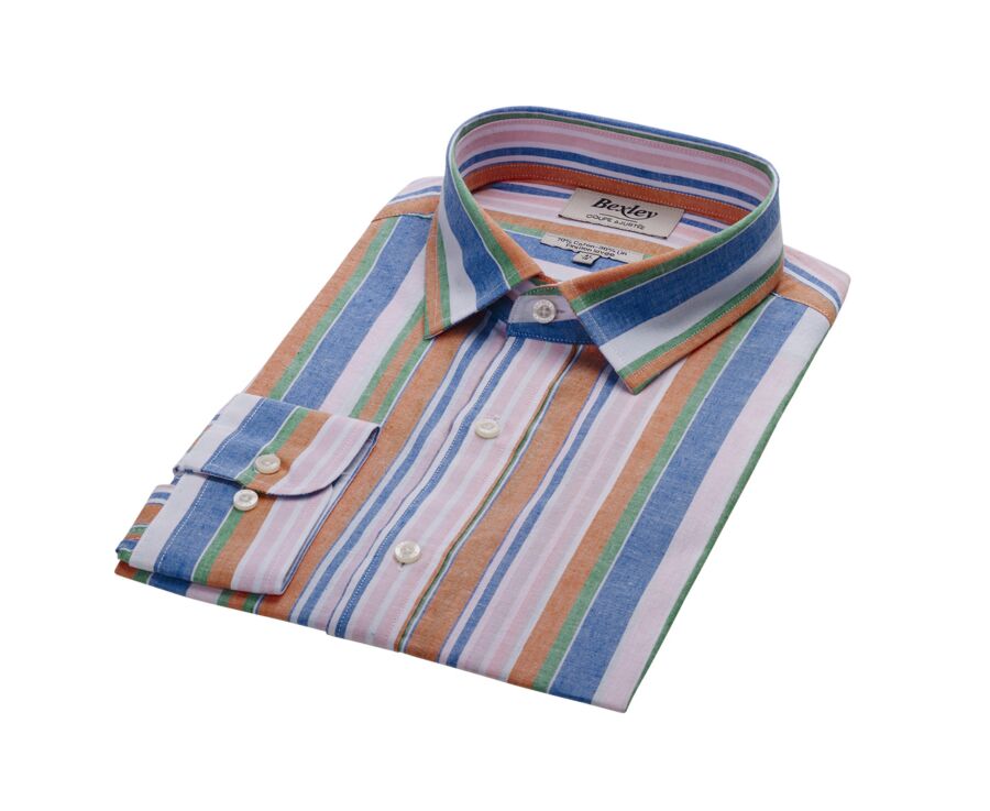 Camisa de algodón/lino Chambray azul, naranja y verde - EDIBERT