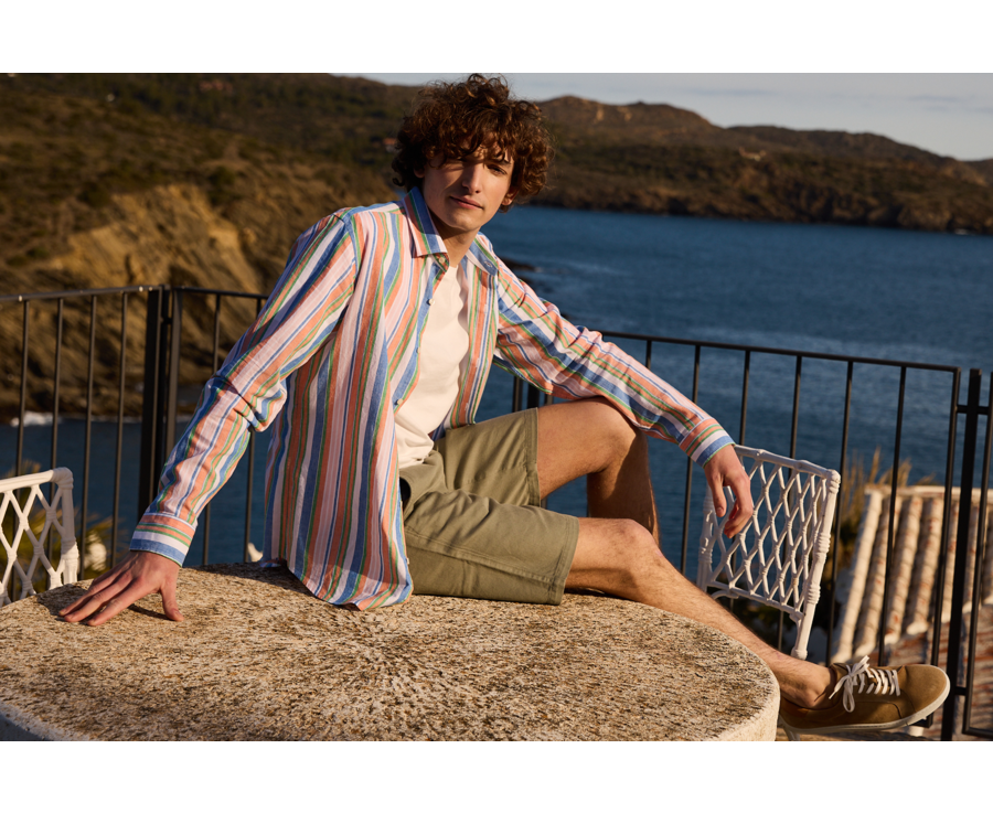 Camisa de algodón/lino Chambray azul, naranja y verde - EDIBERT