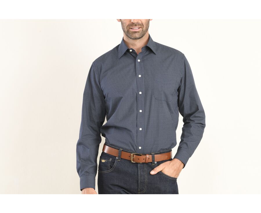 Camisa de algodón estampada azul marino con estampado beige - Bolsillo en el pecho - ALBÉRIC