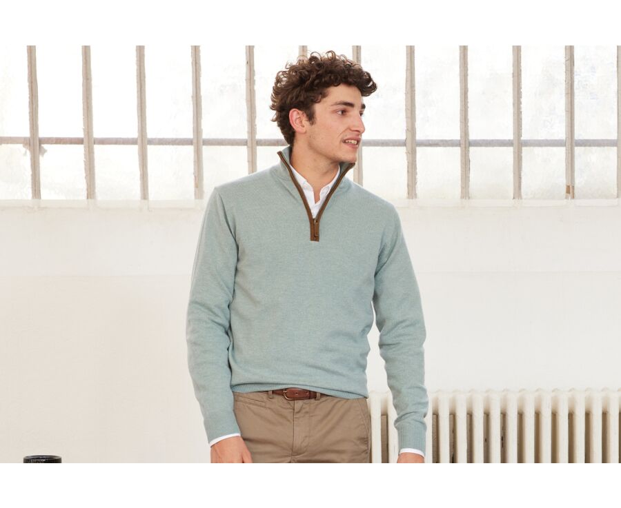 Jersey de lana para hombre con cuello cremallera Verde Eucalipto - KEITHY