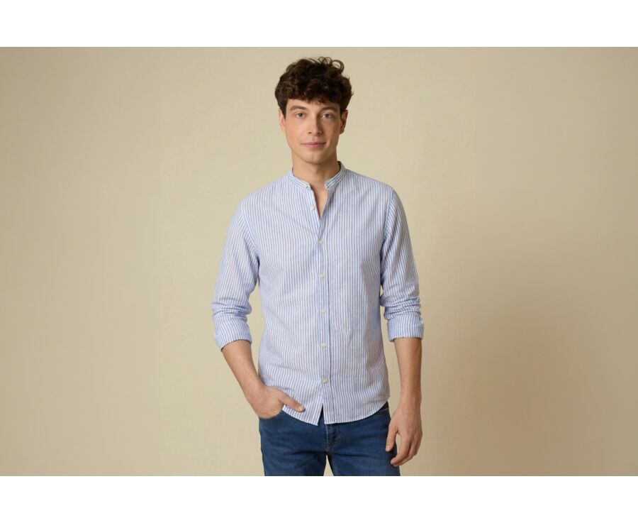 Camisa lisa de lino de algodón Azul océano y Blanco - ELIBERT