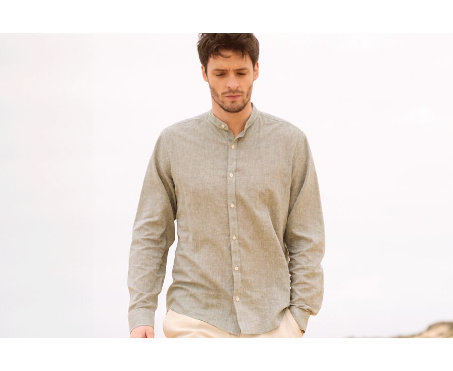Camisa lisa de lino de algodón Chambray Verde Caqui - ELIBERT