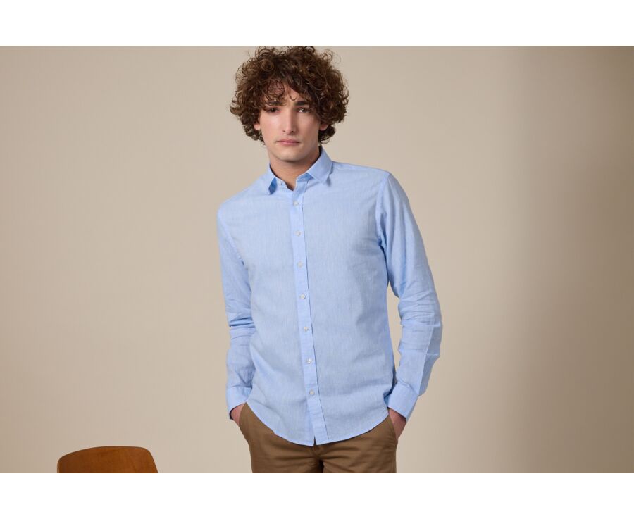 Camisa de algodón y lino Chambray Azul Claro - Cuello Francés - SILBERT