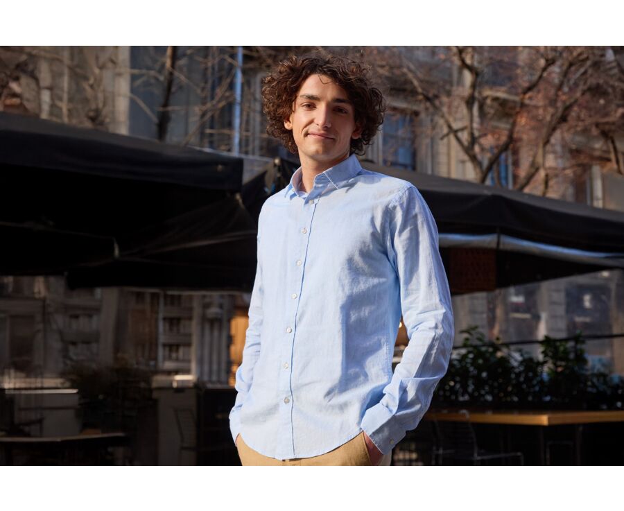 Camisa de algodón y lino Chambray Azul Claro - Cuello Francés - SILBERT