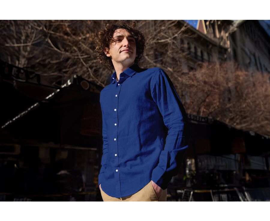 Camisa de algodón y lino Chambray Índigo - Cuello Francés - SILBERT